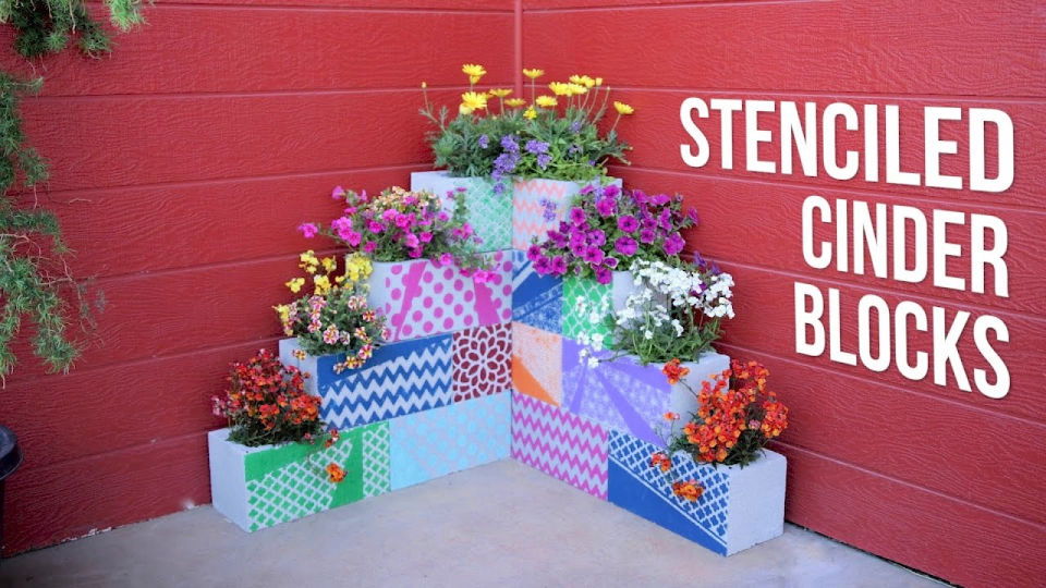 Beautiful DIY Stenciled Cinder Block Planters